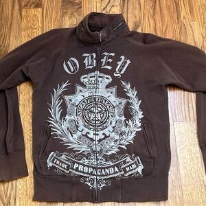 Obey Dark Brown Zip-Up Sweater with White Graphic